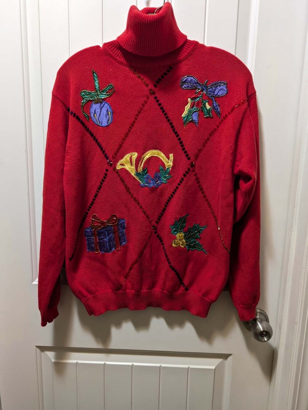 VTG The Eagles Eye Ugly Red Christmas Sweater Turtleneck Size S Beaded Holiday